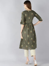 Women Cotton Green Ethnic Motifs Printed A Line Kurti